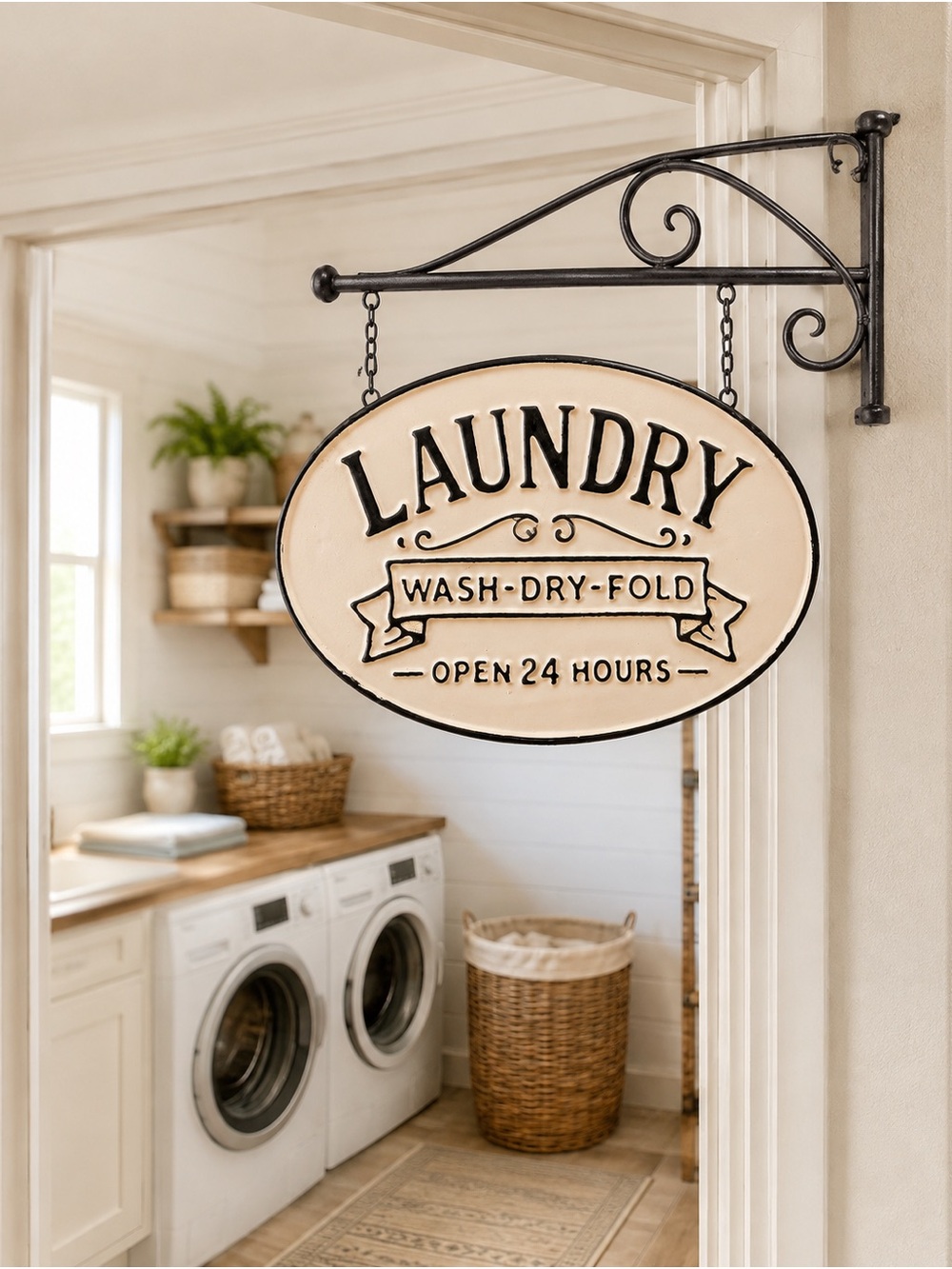 Farmhouse Laundry Oval Wall Sign - White and Black Vintage Style